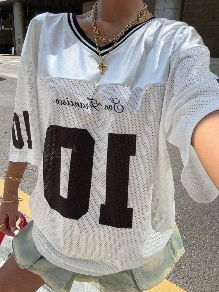 SHEIN Muchic Women Printed Mesh T-Shirt, White | SHEIN