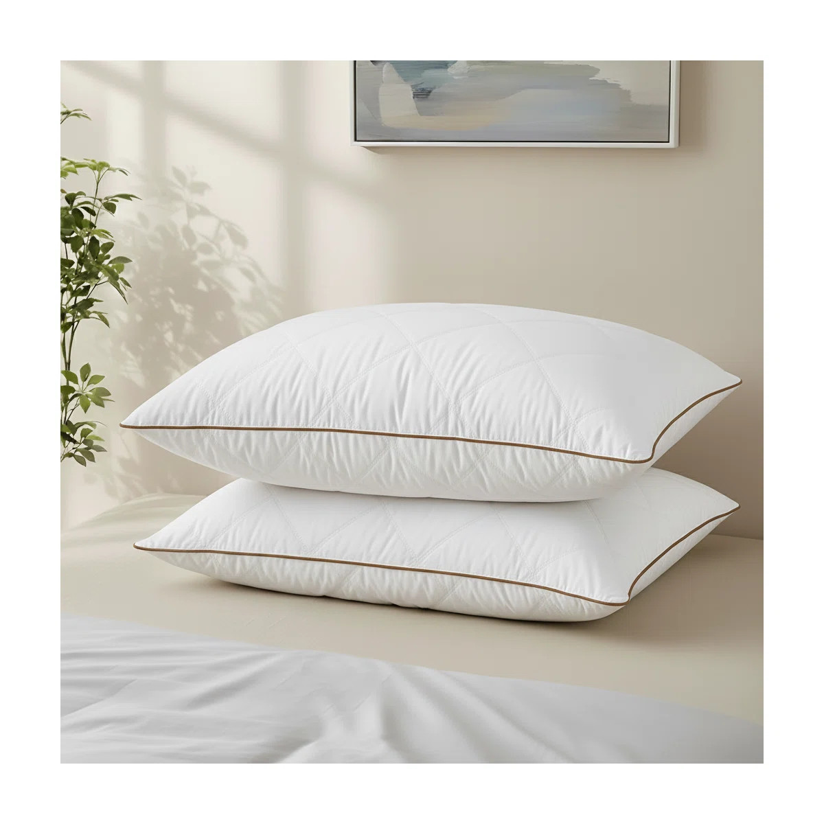 Luxury Goose Feather Bed Pillow with Brown Piping & Diamond Quilting - Hypoallergenic 100% Polyes... | Wayfair North America