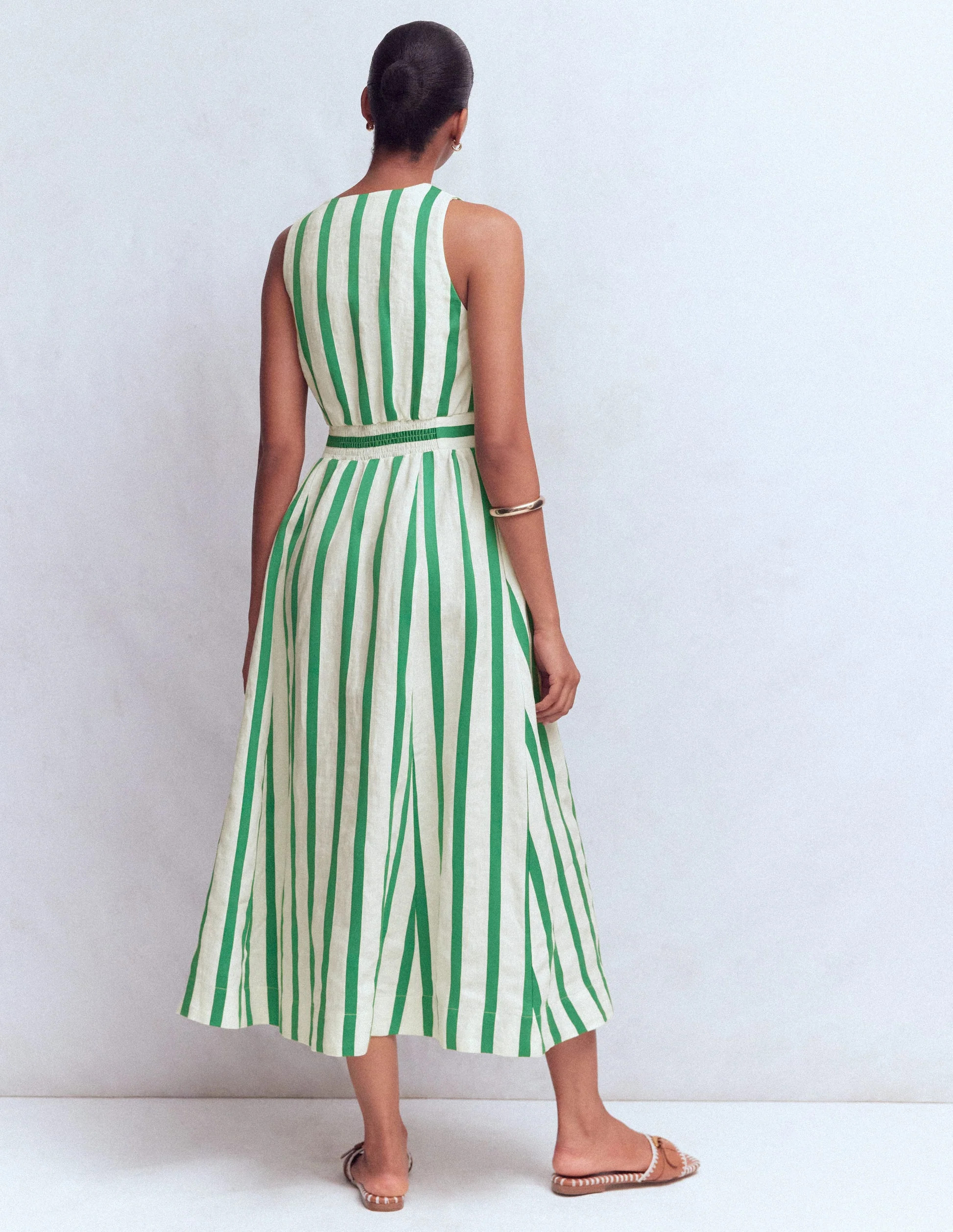 Catherine Button Linen Dress-Ivory and Green Satin Stripe | Boden (US)