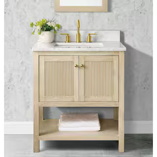 Arcott 31 in W x 22 in D x 35 in H Single Sink Fluted Bath Vanity in Natural Wood With Carrara Ma... | The Home Depot