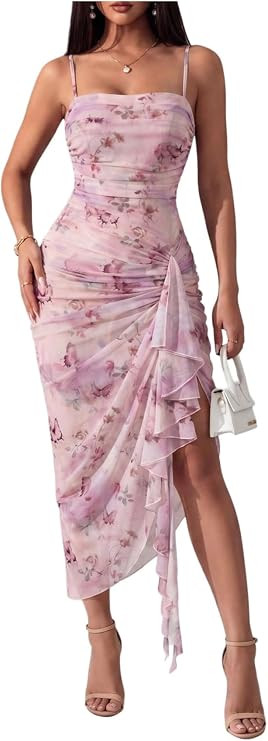 GORGLITTER Women's Asymmetrical Butterfly Draped Ruffle Ruched Midi Dress | Amazon (US)