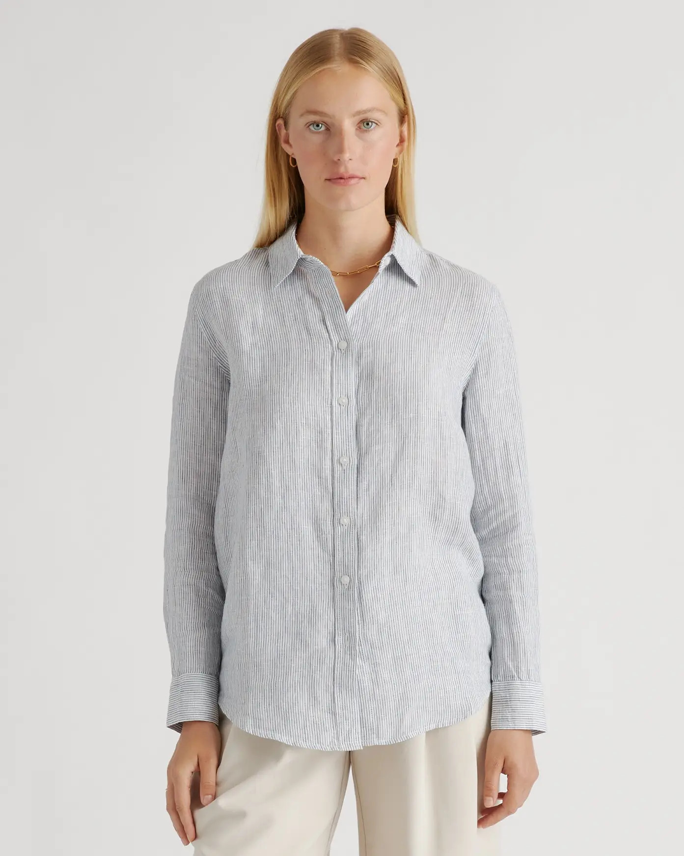 100% European Linen Long Sleeve Shirt in Blue Pinstripe | Quince