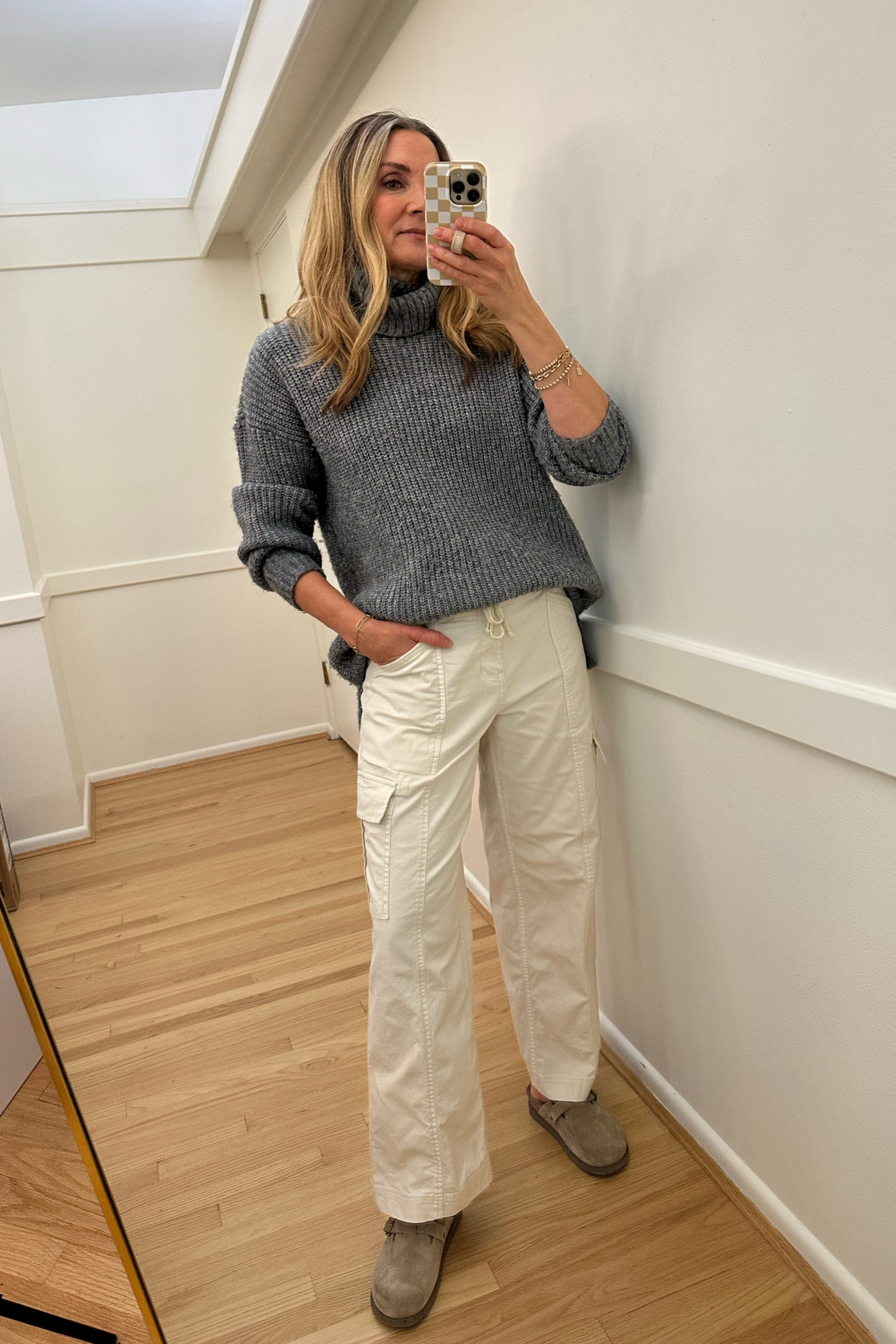 Winter outfit! Gray chunky turtleneck sweater, splendid off white cargo pants, mephisto mule clogs. Linked similar sweaters at a great price point! 

#LTKFindsUnder50 #LTKStyleTip #LTKOver40