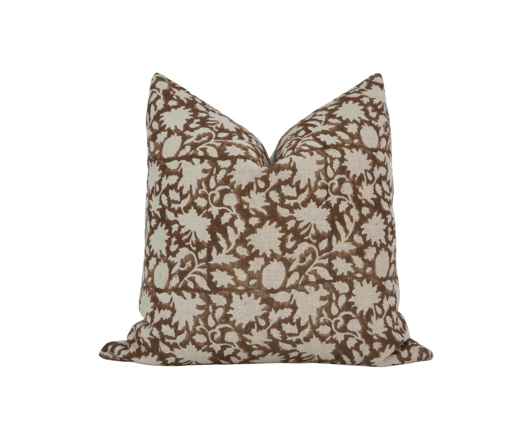 ESME || Brown Floral Pillow Cover Brown Block Print Pillow Designer Linen Pillow Farmhouse Floral... | Etsy (US)