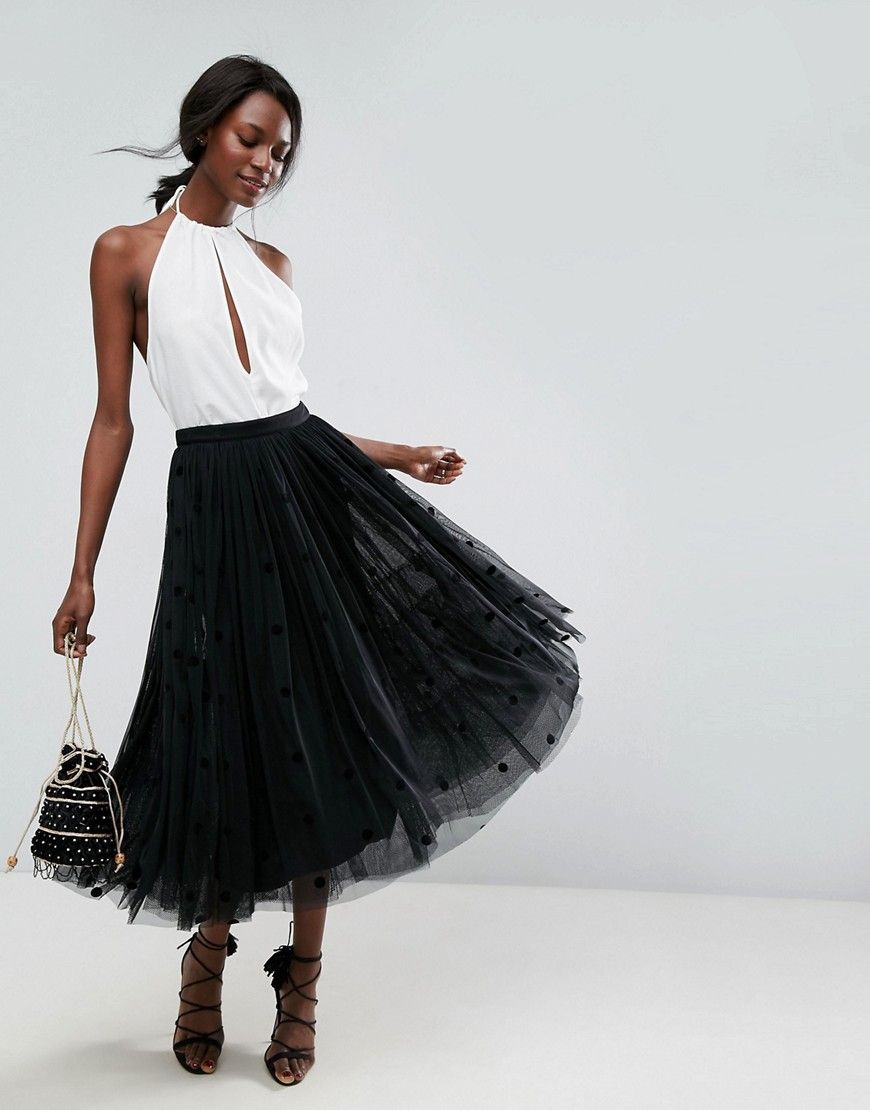 ASOS Midi Tulle Prom Skirt with Flocked Polka Dots - Black | ASOS US