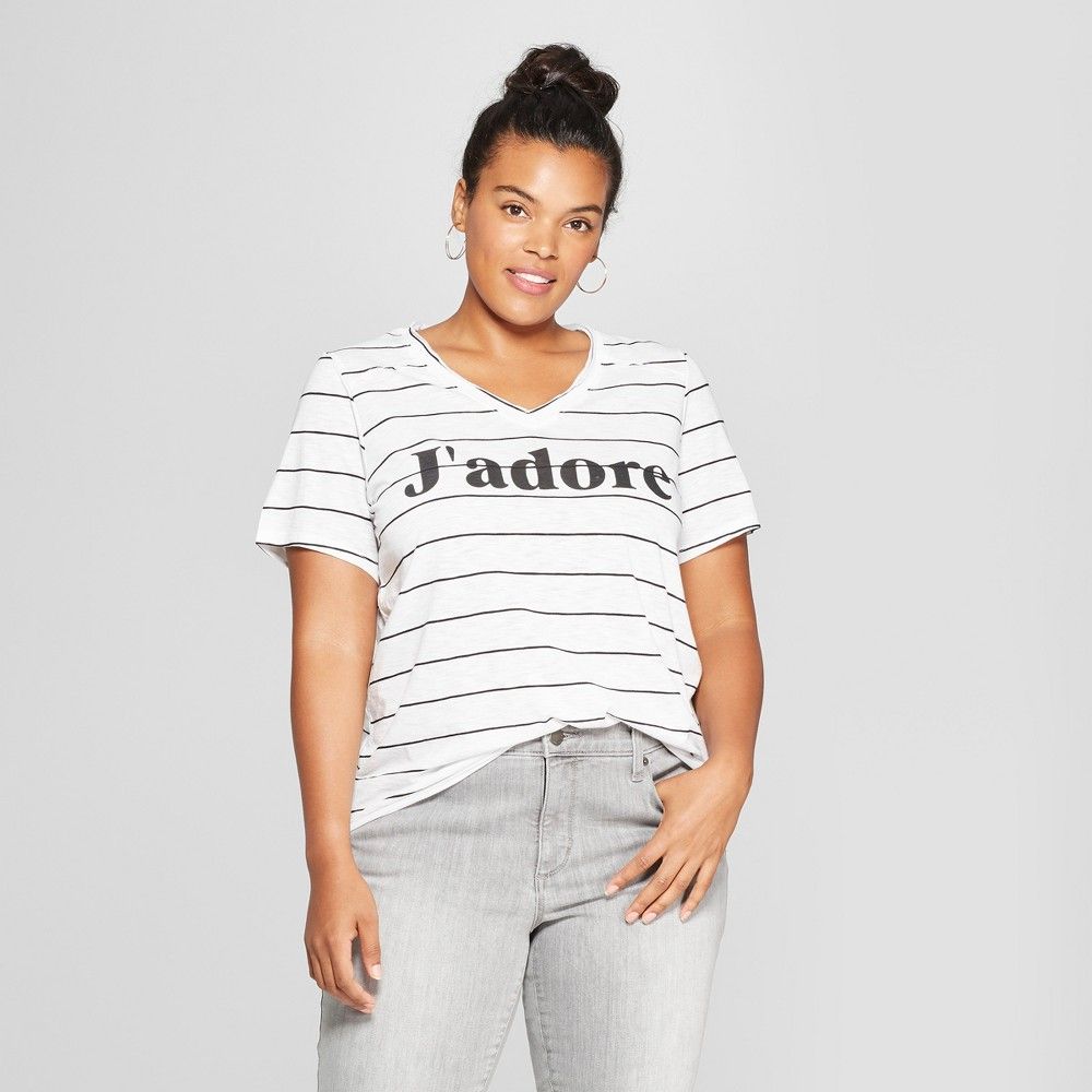 Women's Plus Size Short Sleeve J'adore Striped Graphic T-Shirt - Grayson Threads (Juniors') Black/White 2X | Target