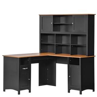 58 in. L-Shaped Black MDF 1-Drawer Corner Computer Desk with Hutch with Storage Cabinets, Shelves | The Home Depot