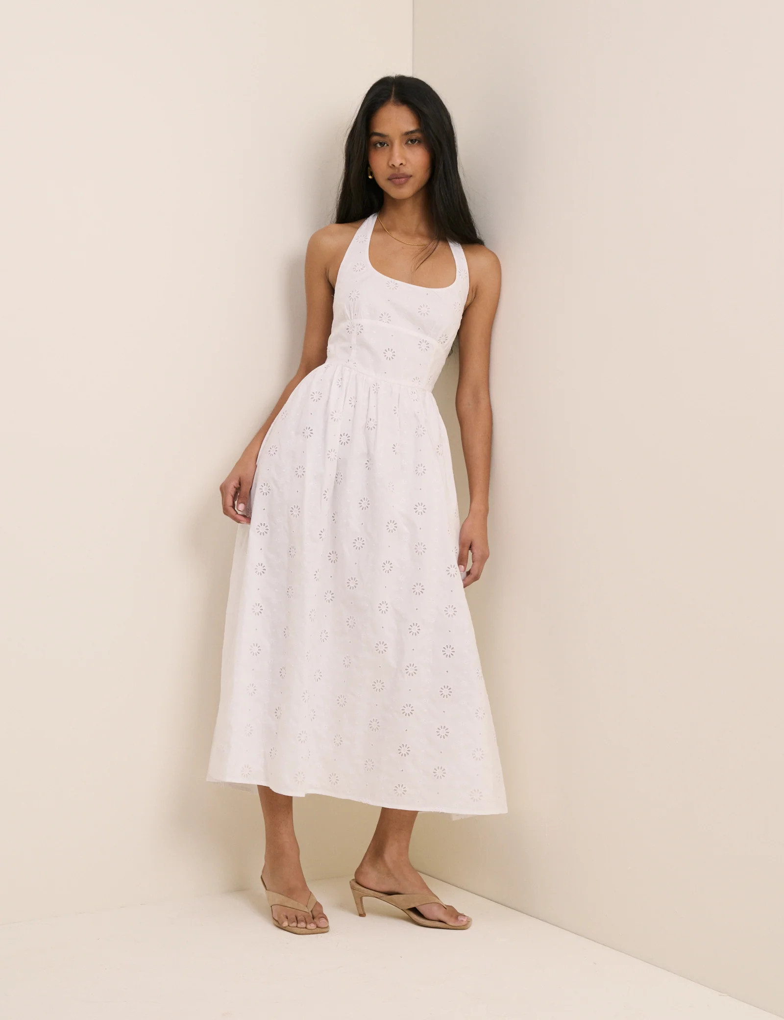 White Broderie Halterneck Hallie Midi Dress | Nobody's Child