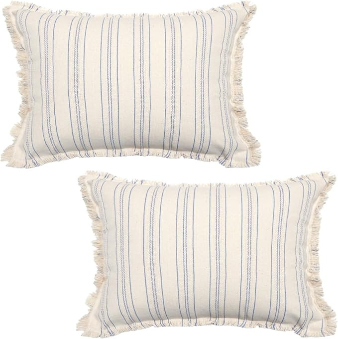 Cushion Covers 30X50cm Set of 2 Striped Linen Throw Pillow Covers with Fringe Tassel Boho Texture... | Amazon (UK)