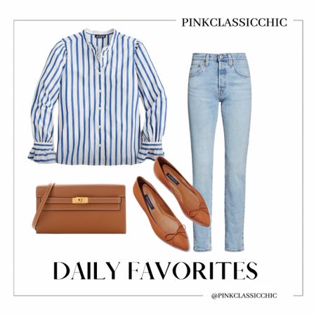 Beautiful striped button down shirt #competition 
Brown flats, margaux flats, Kelly wallet, Levi’s jeans, jeans, classy styles, weekend outfits, spring looks, spring fashion, classy looks, classy outfits 

#LTKunder100 #LTKSale #LTKFind