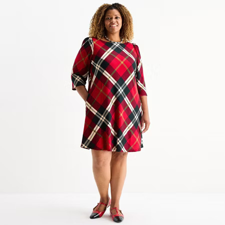 Jessica Howard Womens Plus 3/4 Sleeve Plaid Shift Dress, 1x, Red | JCPenney
