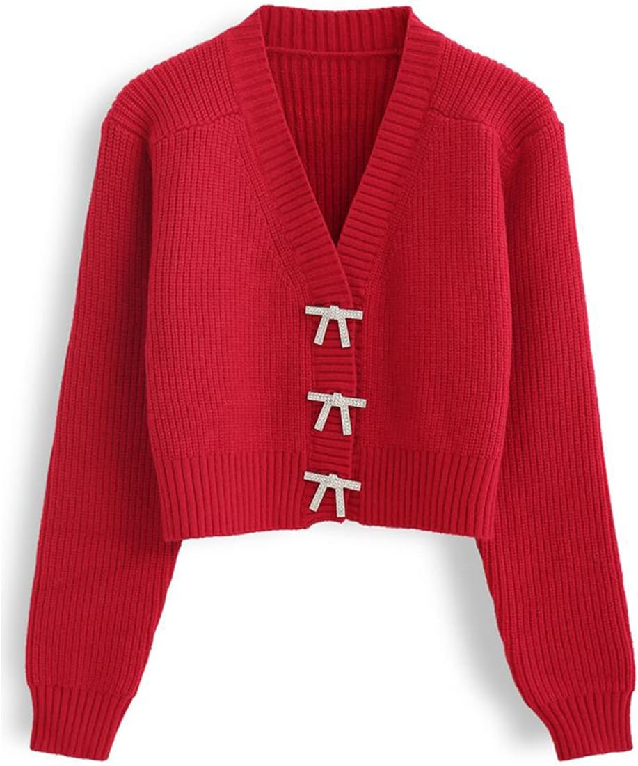 CHICWISH Women's White/Red/Black/Pink/Mint Bowknot Brooch Button Up Crop Knit Cardigan | Amazon (US)