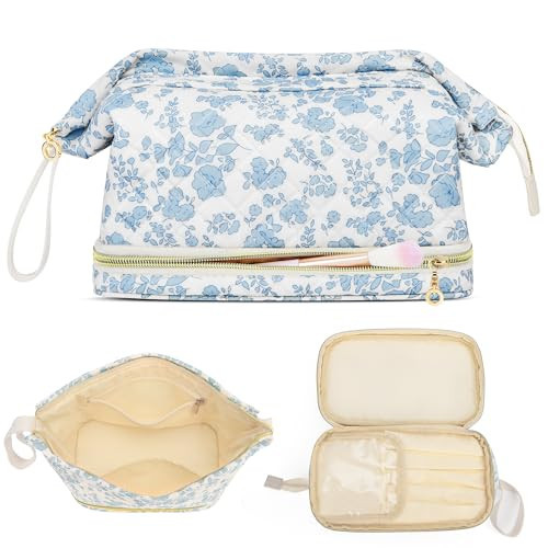 Large Makeup Bag, Quilted Cosmetic Bag, Large Floral Make Up Bag for Women, Cute Floral Skin Care Bag Double Layer Makeup Bags Flower Travel Toiletry Bag - Blue Flower | Amazon (US)