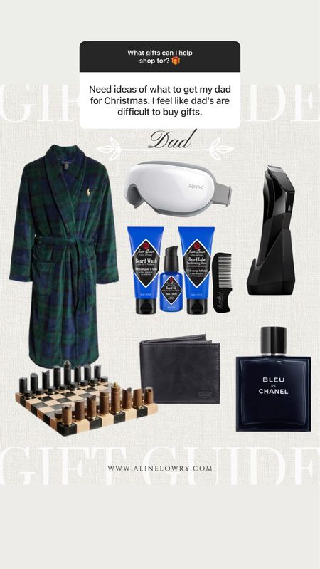 Gift Guide for Dads, cozy statement robe, chess board game can also be used for decor, eye massage glasses, grooming kit, new wallet, electric shaver, and cologne. Gifts for him. 

#LTKmens #LTKGiftGuide