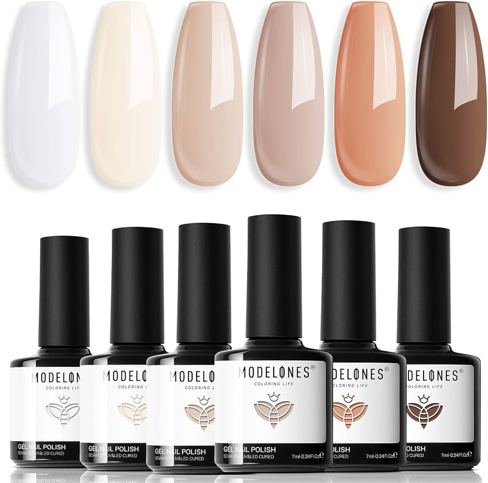 modelones Gel Nail Polish Set - 6 Colors Nude Brown White Spring Popular Skin Tone Neutral Gel Na... | Amazon (US)