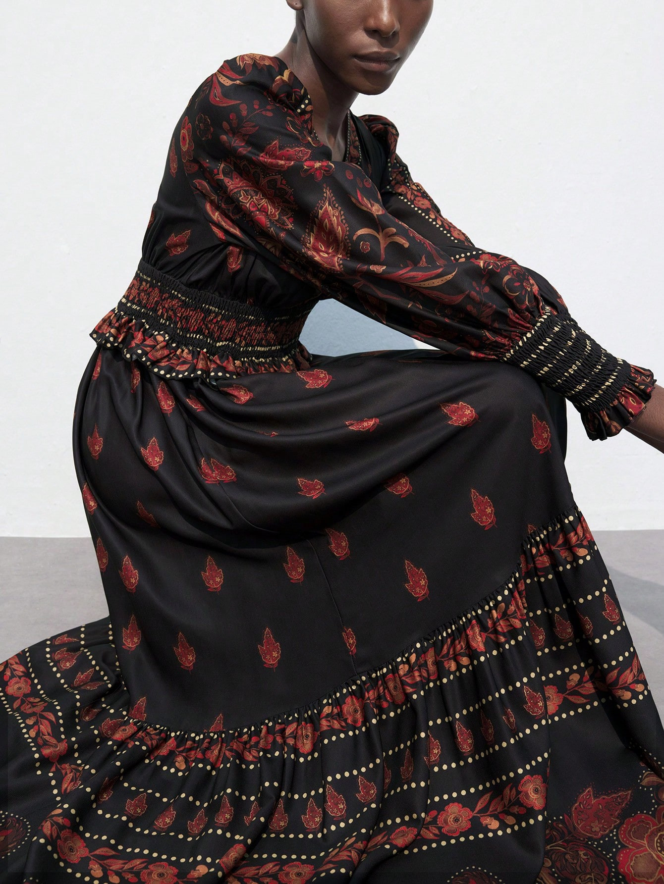 Maija Women's Autumn/Winter Brown-Red Waist And Sleeve Hem Gathered Vintage Positioning Print Lan... | SHEIN