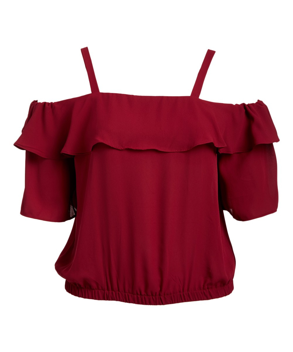 Burgundy Ruffle-Accent Off-Shoulder Top - Plus | zulily