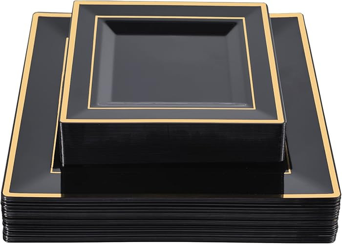 N9R 60 Pack Black Square Plastic Plates with Gold Rim Include 30 Disposable Dinner Plates 9.5 Inc... | Amazon (US)