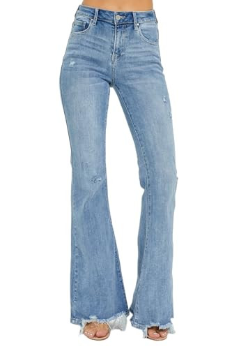 Risen Women's High Rise Frayed Hem Flare Jeans (US, Alpha, X-Large, Regular, Regular, Light) | Amazon (US)