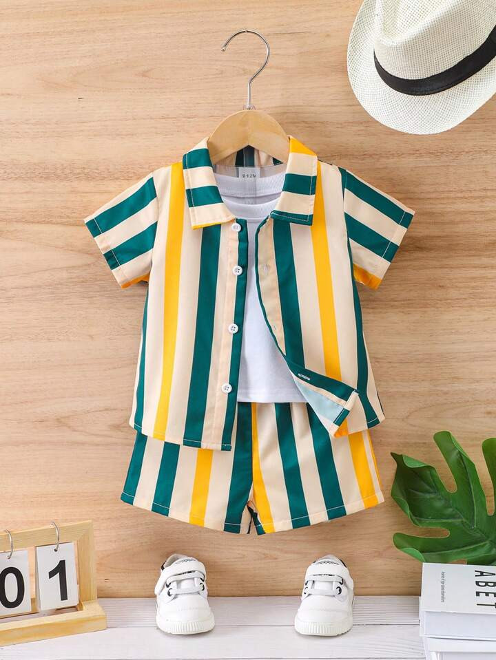 Baby Boy Infant Boys' Casual Colorful Stripe Pattern Woven Shirt And Shorts Set | SHEIN
