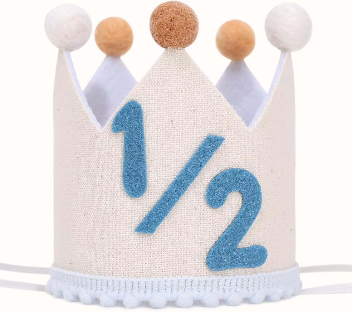 Blue and Cream 1/2 Birthday Hat for Baby Boys \u2013 Halfway to One Birthday Crown, Light Blue Fe... | Amazon (US)