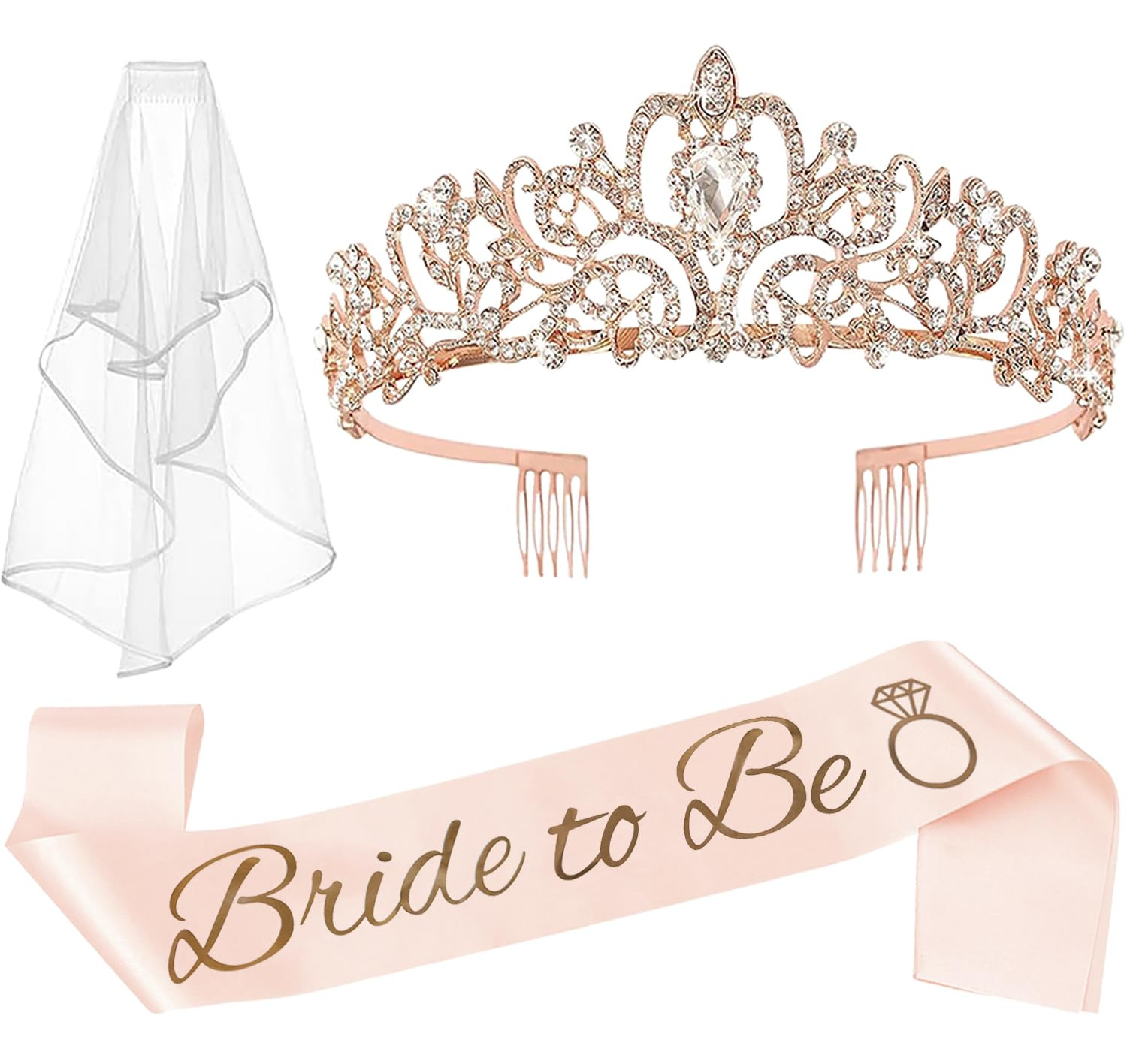 JETKONG 3 Pcs Bachelorette Party Decorations Bridal Shower Crown, Bride to Be Sash&Veil for Women... | Amazon (US)