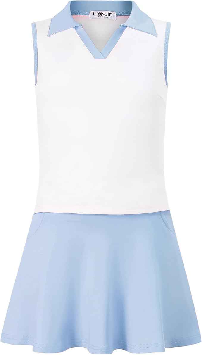 LIONJIE Kids Girls Tennis Golf Dress Outfit Sleeveless Dress with Pockets Athletic Skorts and Pol... | Amazon (US)
