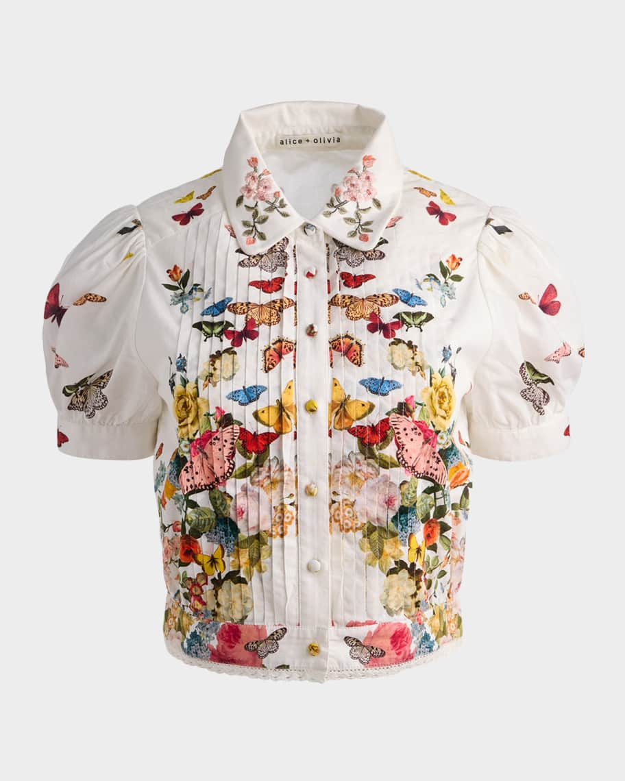 ALICE + OLIVIA Rosie Embroidered Puff-Sleeve Shirt | Neiman Marcus