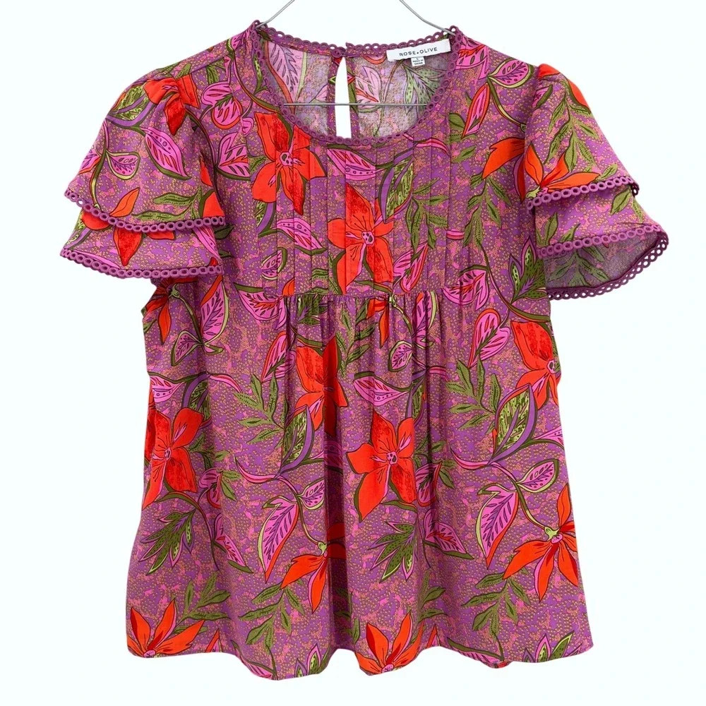 Rose + Olive Womens Flutter Sleeve Floral Pintuck Blouse‎ Top Purple Lace L | Poshmark