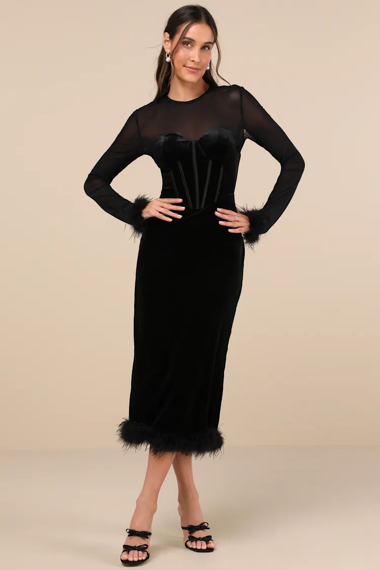 Sensational Situation Black Velvet Feather Bustier Midi Dress | Lulus