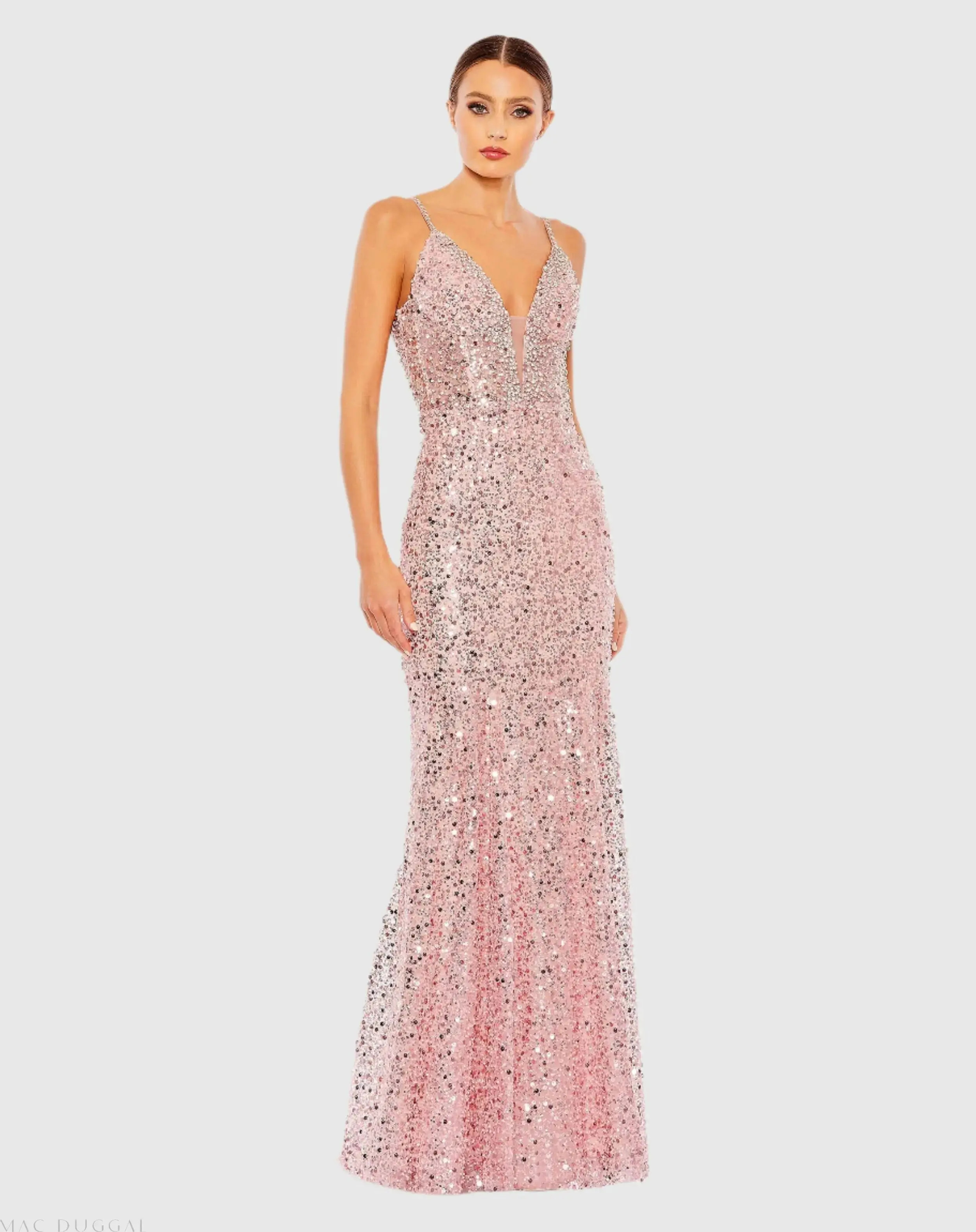 Pink Embellished Plunge Neck Sleeveless Trumpet Gown - Mac Duggal | Mac Duggal