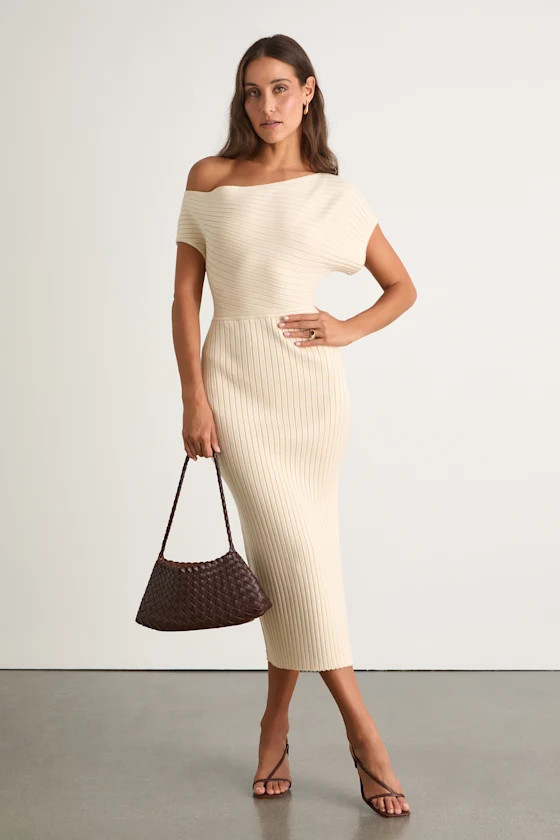 Brady Cream Ribbed Off-the-Shoulder Sweater Midi Dress | Lulus