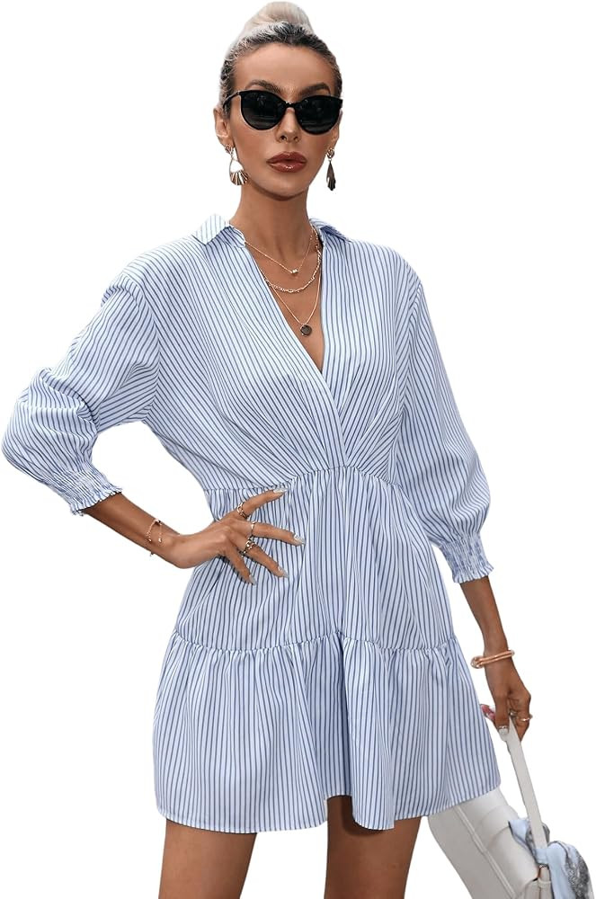 SweatyRocks Women's 3/4 Sleeve V Neck Collar Striped Dress Casual A Line Ruffle Hem Mini Dresses | Amazon (US)
