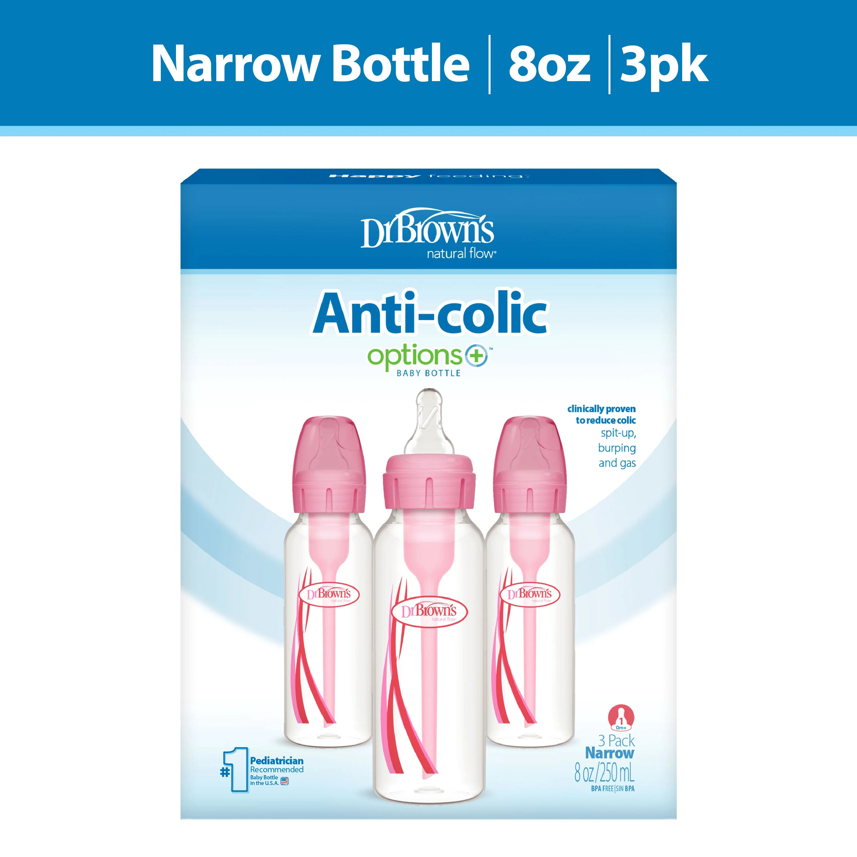 Dr. Brown\u2019s Natural Flow Anti-Colic Options+ Narrow Baby Bottle, Pink, 8oz, Slow Flow, 0m+, ... | Walmart (US)