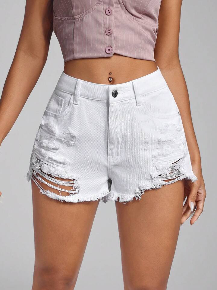 SHEIN ICON Women's Mid-Waist Butterfly Embroidered Distressed Fringe Hem Denim Shorts | SHEIN