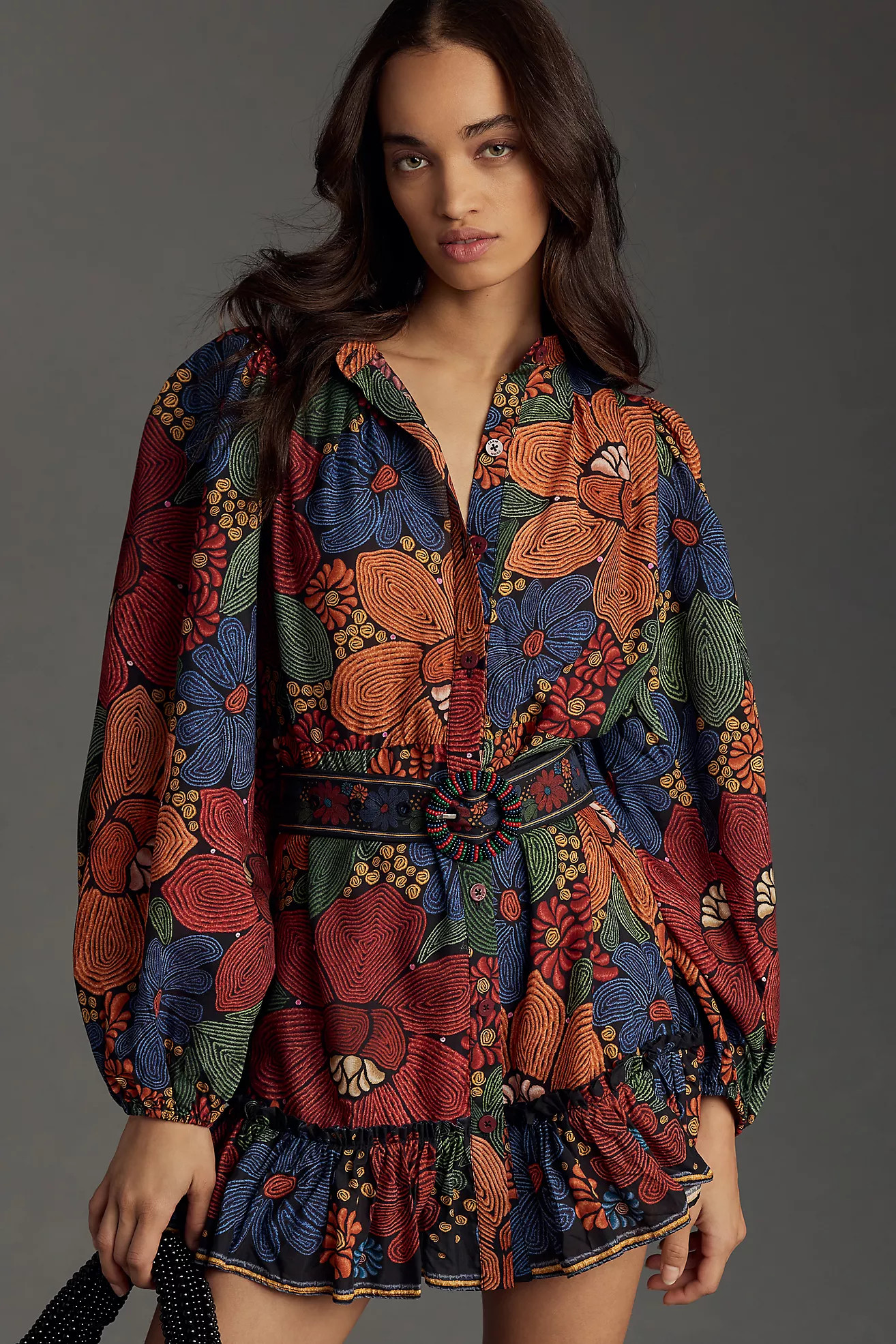 Farm Rio Long-Sleeve Stitched Flowers Mini Dress | Anthropologie (US)