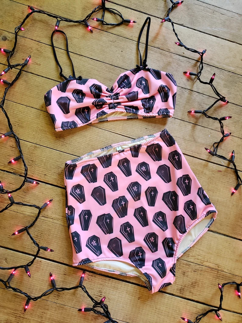 Pink & black coffin print two piece swimsuit high waist bikini - Made to order | Etsy (US)