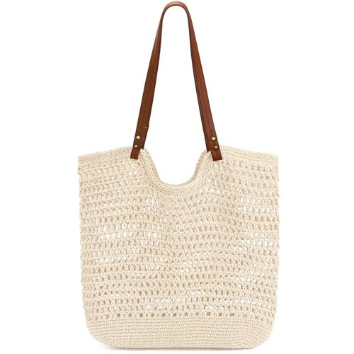 Crochet Bags for Women, Mesh Beach Tote Bag Aesthetic Shoulder Bag Handbags Aesthetic Knitting Summer Bag Vacation (Beige) | Amazon (US)