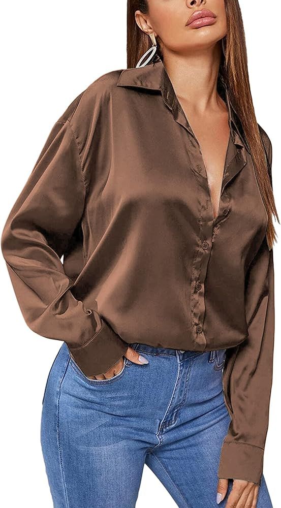 Chigant Women's Blouse Satin Silk Shirts Button Down Shirts Casual Loose Long Sleeve Office Work ... | Amazon (US)