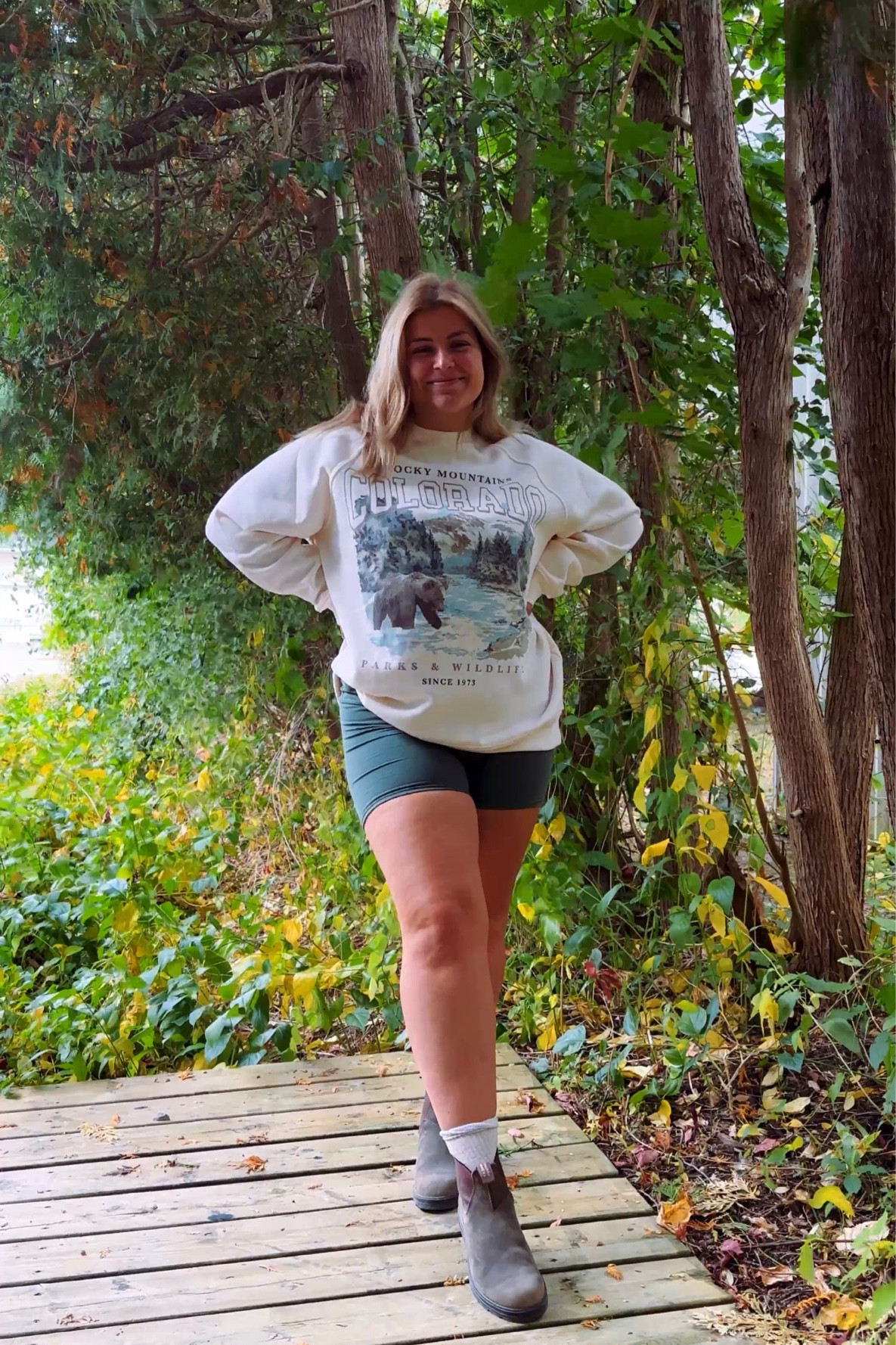 Crewneck with Biker Shorts and Chelsea Boots for Summer/Fall transition! Granola Girl / Adventure Girl

#LTKtravel #LTKSeasonal #LTKfitness