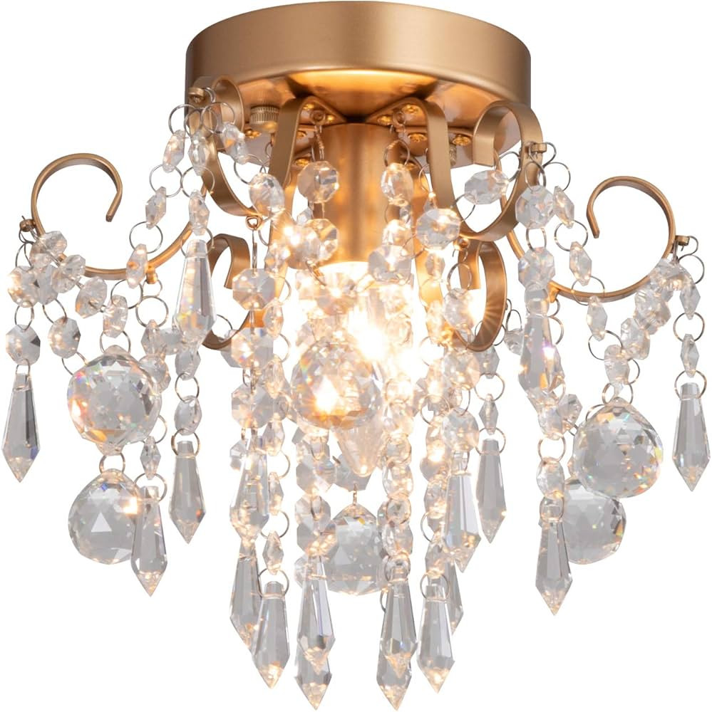 Q&S Mini Chandelier Crystal Ceiling Light,Small Flush Mount Gold Light Fixture for Entryway Bedro... | Amazon (US)
