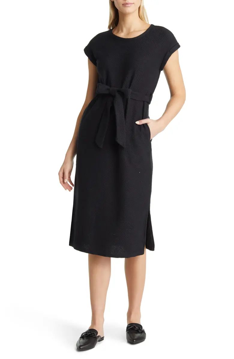 Textured Knit Tie Waist Cotton Blend Midi Dress | Nordstrom