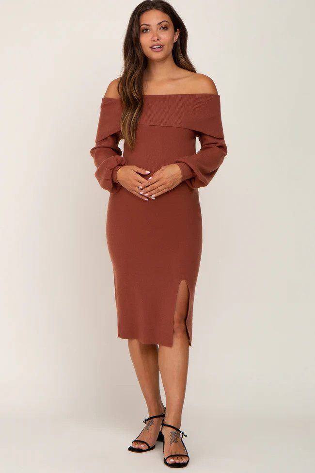 Rust Off Shoulder Maternity Sweater Dress | PinkBlush Maternity