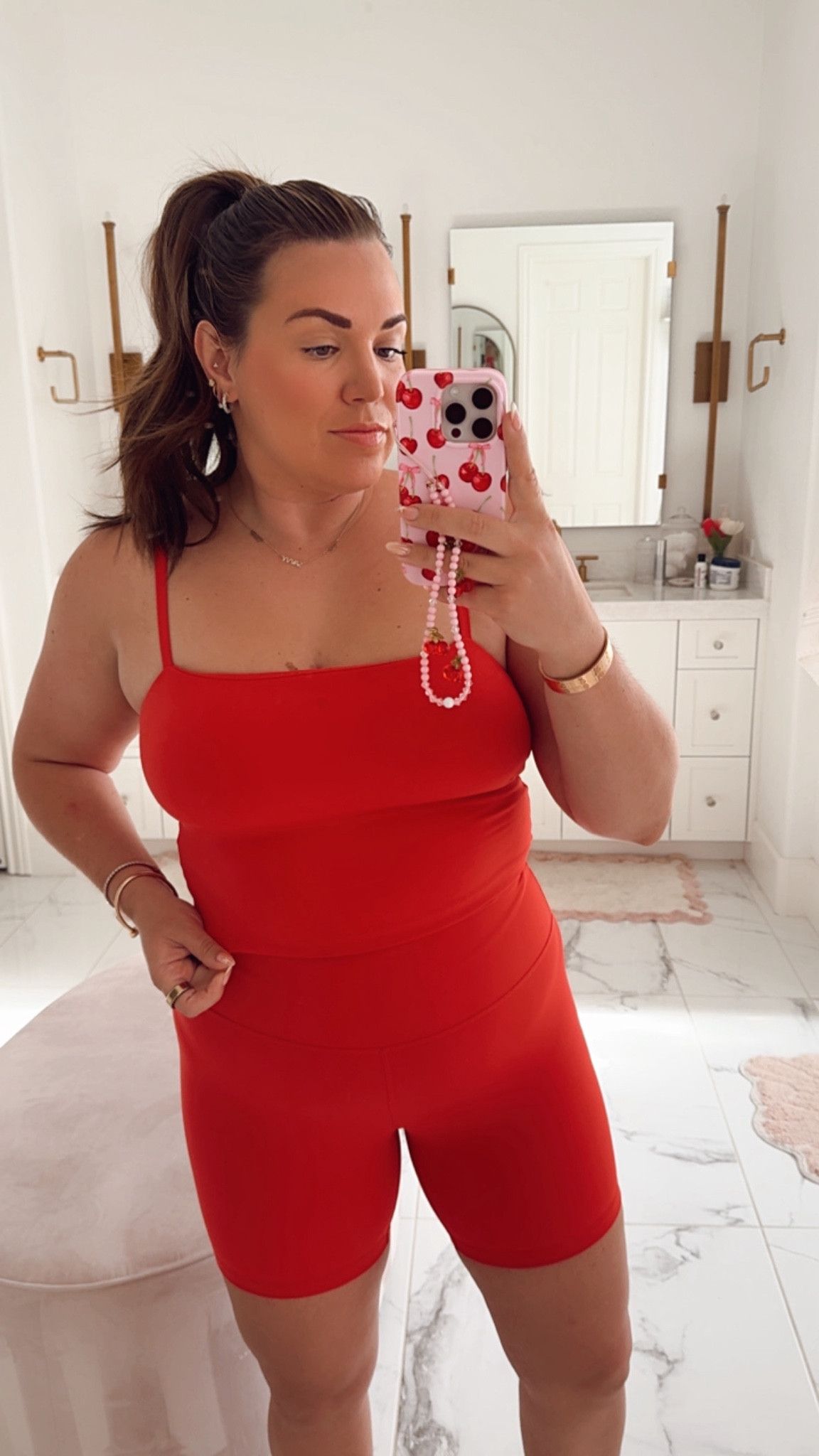 curvy red workout look! wearing size xl in red tank and size large in 6” shorts! phone case + charm is Velvet Caviar 

#LTKFitness #LTKMidsize #LTKFindsUnder50