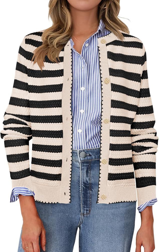 MEROKEETY Women's 2024 Striped Cardigan Sweater Open Front Long Sleeve Button Tweed Knit Fall Out... | Amazon (US)