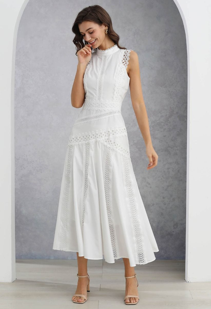 Dive into Elegance Lace Panelled Sleeveless Dress in White | Chicwish