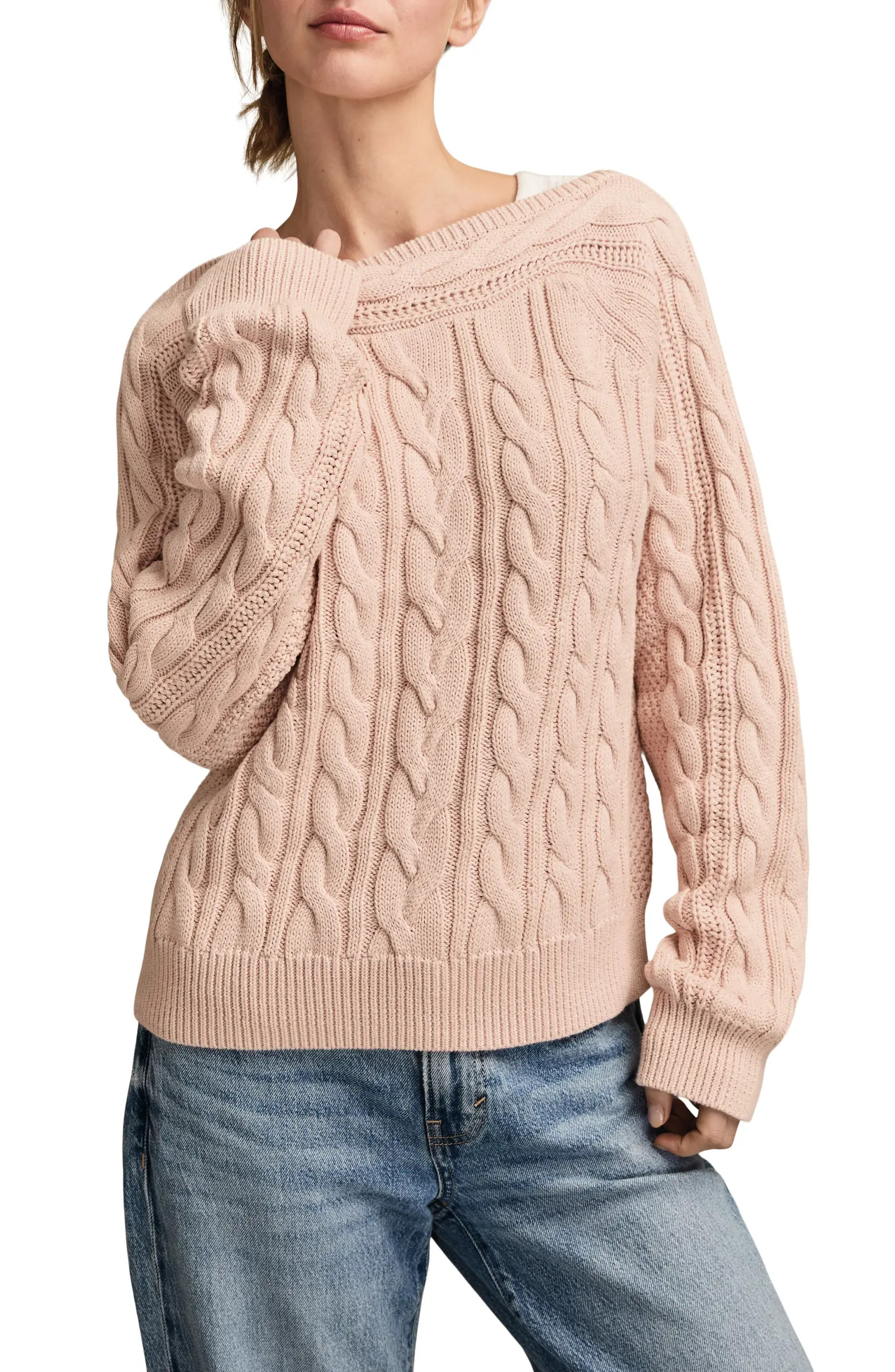 Lucky Brand Cable Stitch Boat Neck Cotton Sweater | Nordstrom | Nordstrom
