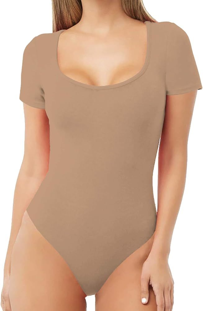 MANGDIUP Women's Scoop Neck T Shirts Basic Bodysuits Jumpsuits | Amazon (US)
