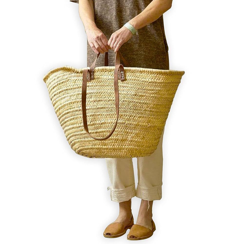 FRENCH MARKET BASKET with double flat leather handles, straw bag, beach bag, basket bag, shopping... | Amazon (US)