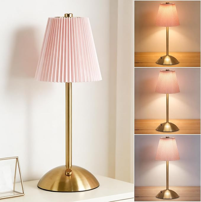 Cordless Pink Table Lamp,Cute Small Desk Lamp,Vintage Aesthetic Lamp | 3 Color Dimmable Night Lig... | Amazon (US)